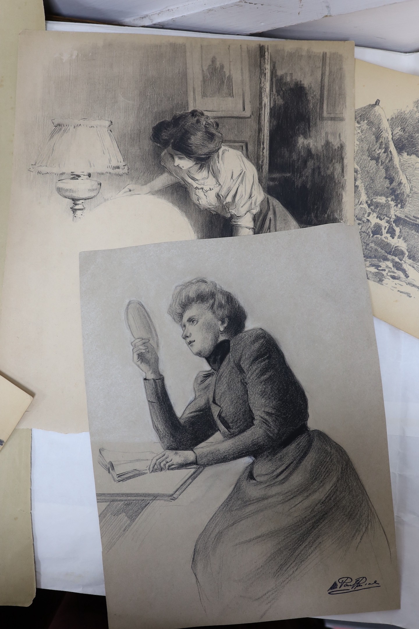 Paul Pascal (1867-1903), small group of assorted drawings and watercolours, Figure studies and landscapes, Studio stamp, largest 50 x 32cm